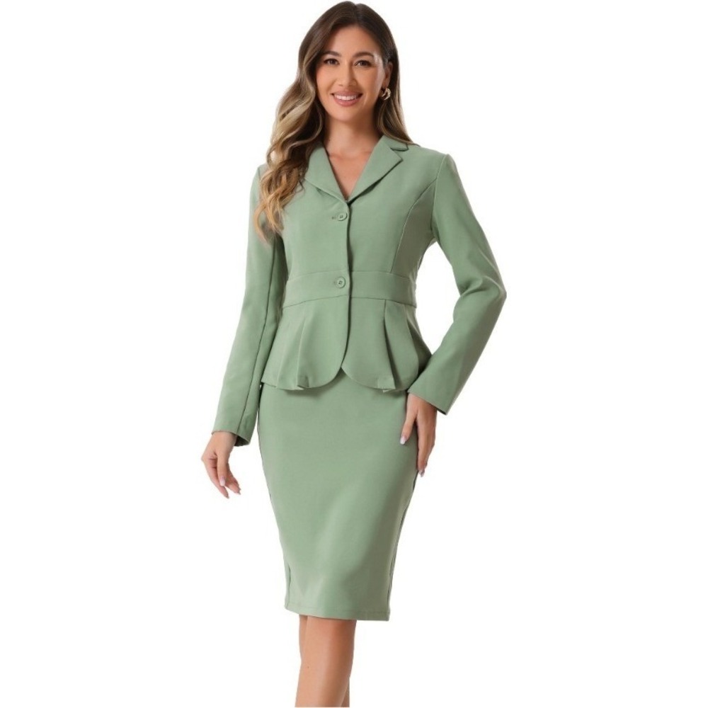 Allegra K Women Sage Green‎ Peplum Blazer Skirt Suit Set Business Size L NWT